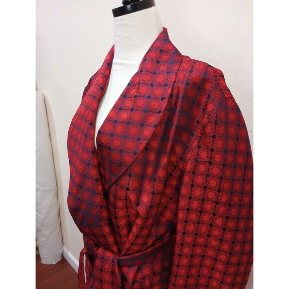 Vintage 1960's 100% Silk Men's Red & Navy Shimmer Print Robe Dressing Gown - L - Picture 3 of 10